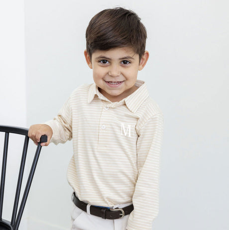 Tan Stripe Long Sleeve Polo