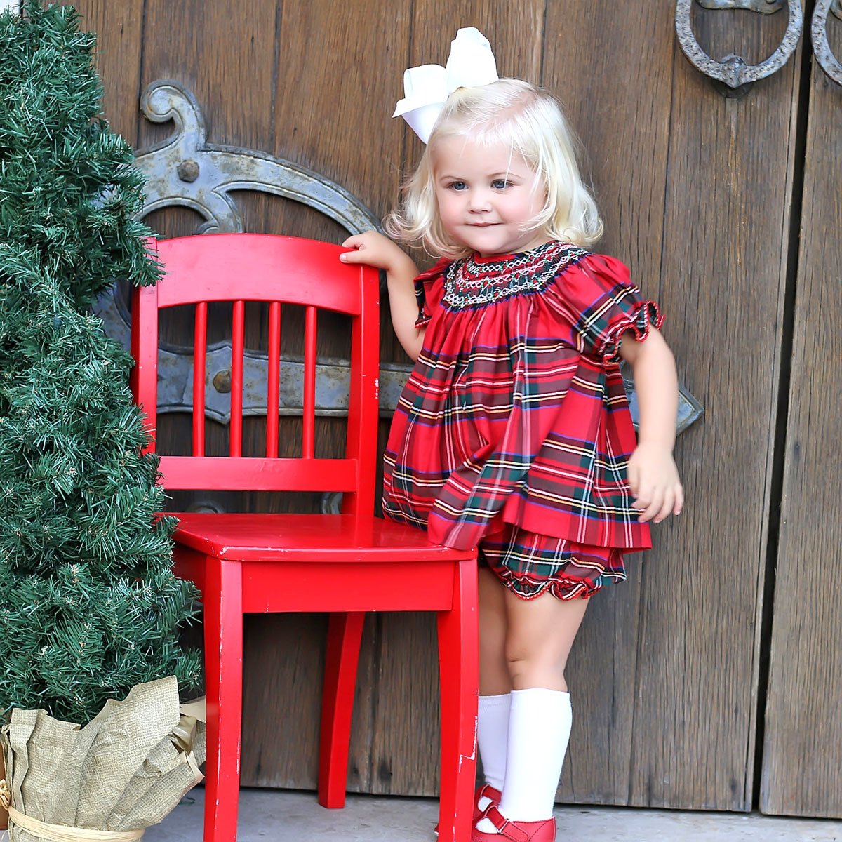 Goldbridge Plaid Red Smocked Bloomer Set