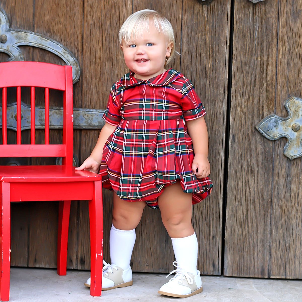 Goldbridge Plaid Red Collared Bubble