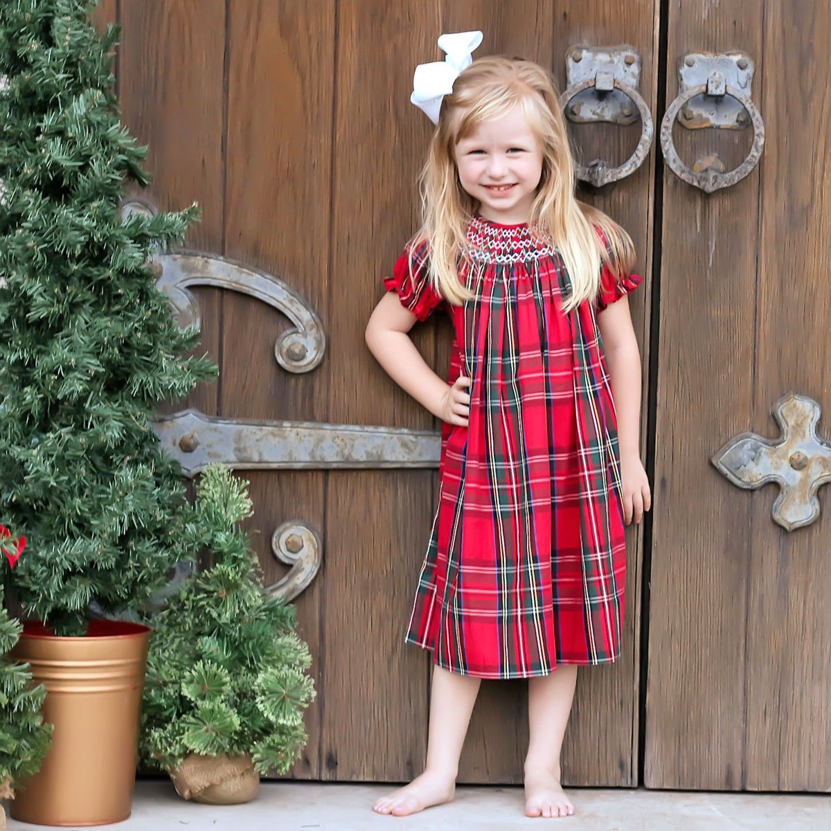 Goldbridge Plaid Red Smocked Bishop Dress