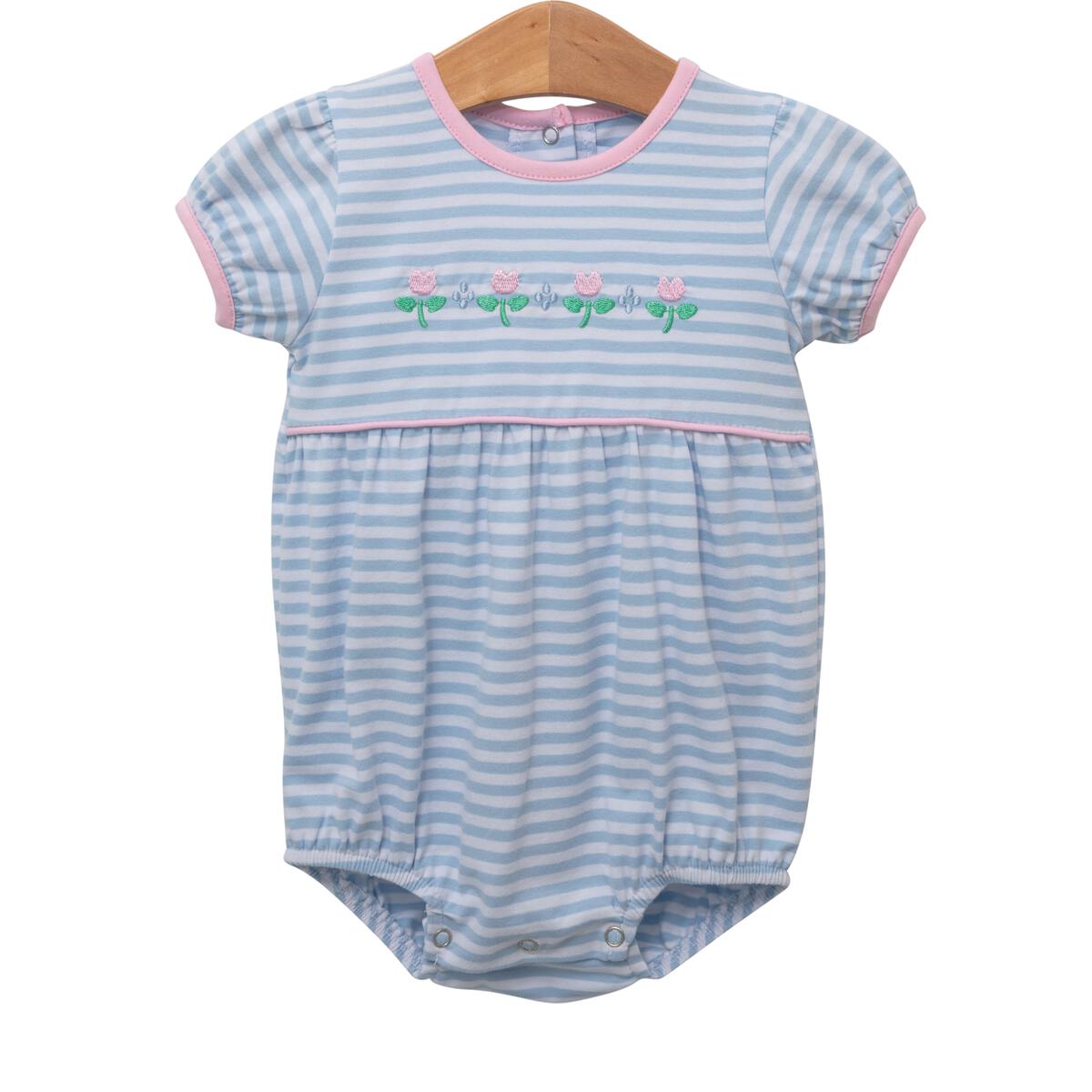 Flower Embroidered Light Blue Stripe Bubble