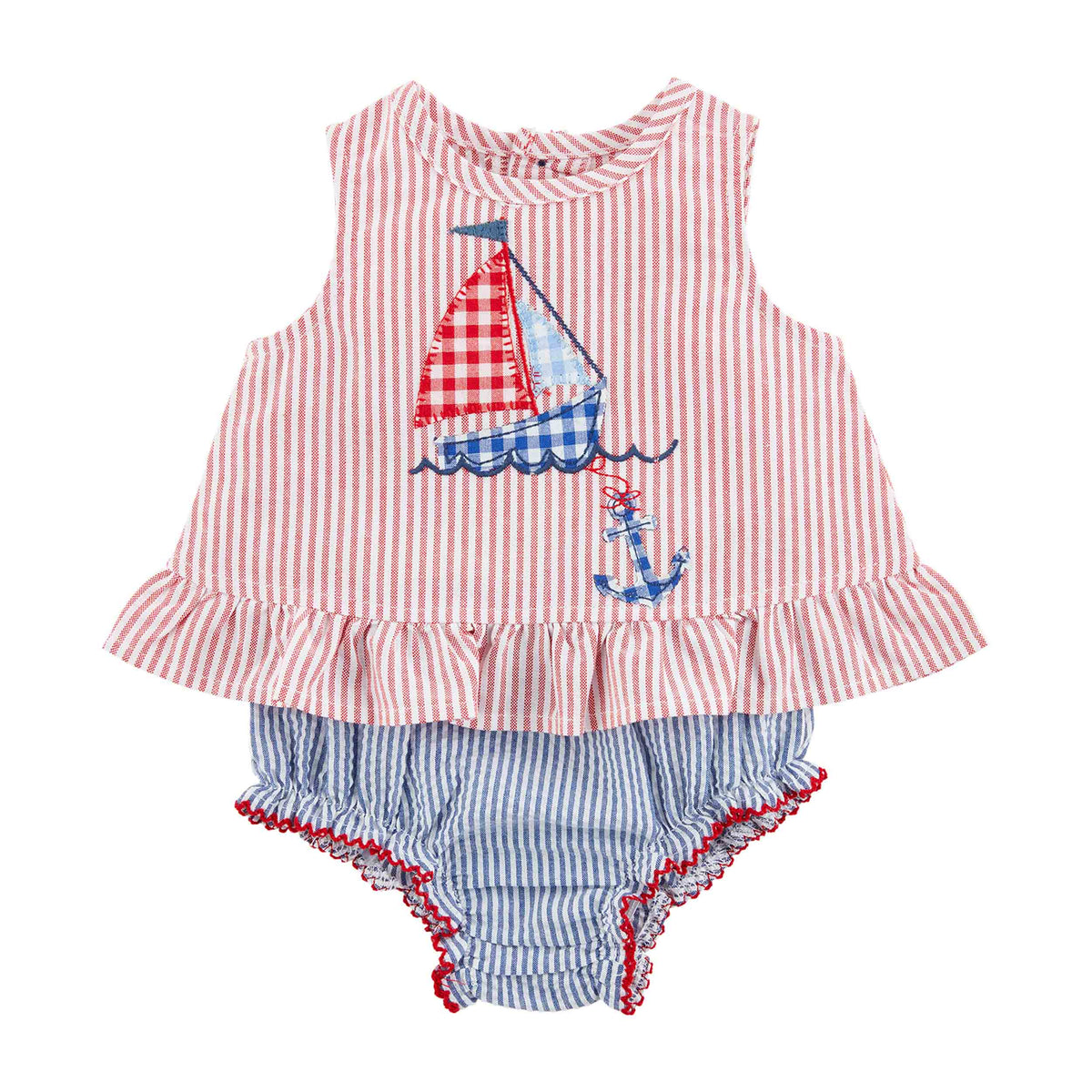 Sailboat Red Blue Seersucker Pinafore Set