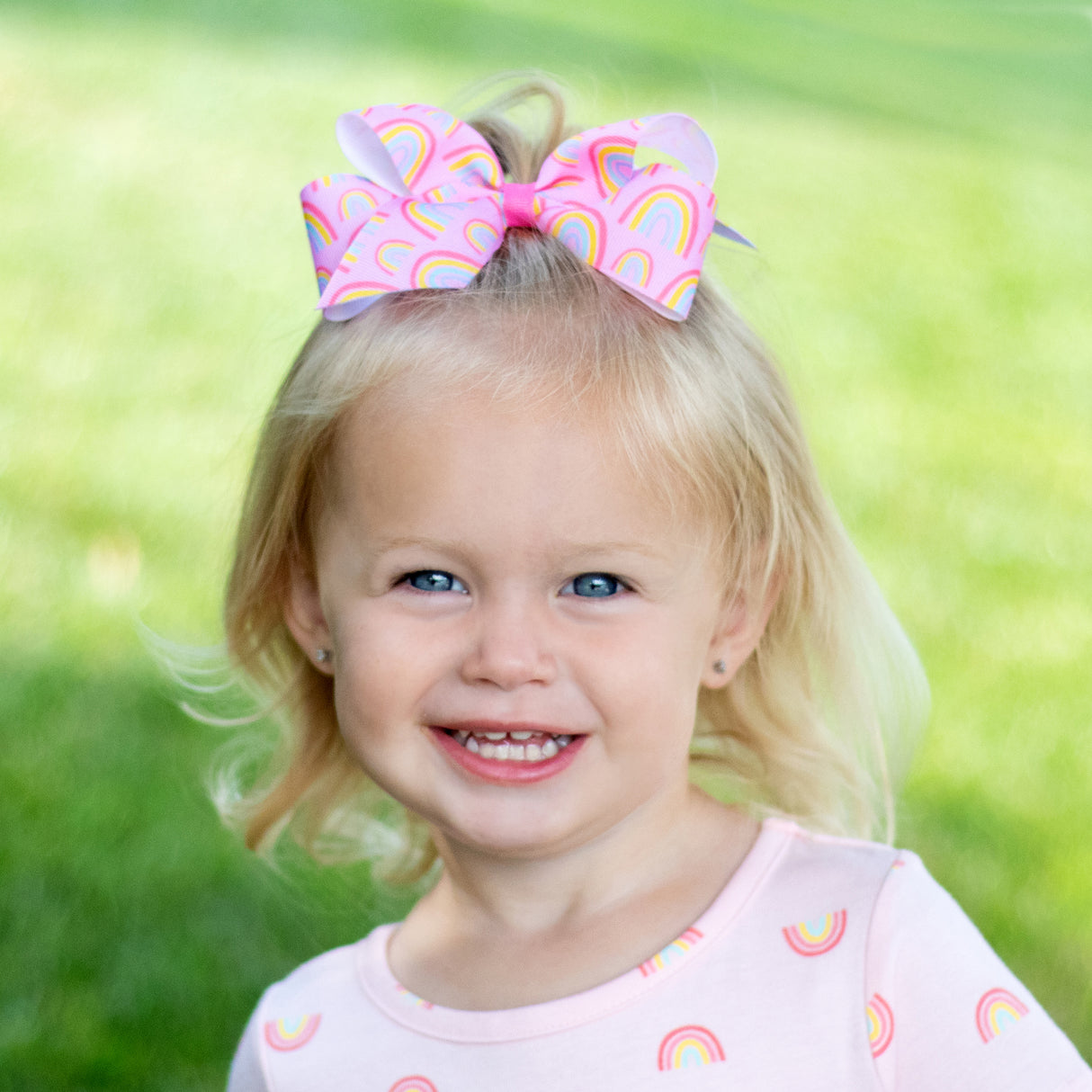Rainbow Print Pink Grosgrain Bow