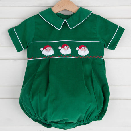 Santa Face Smocked Green Boy Bubble