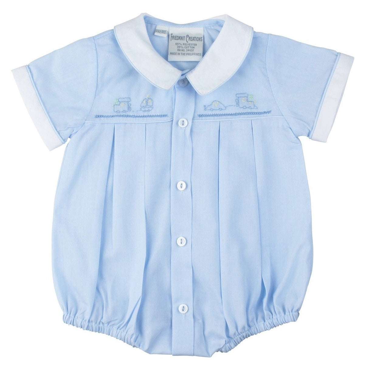 Embroidered Train Blue and White Collared Bubble