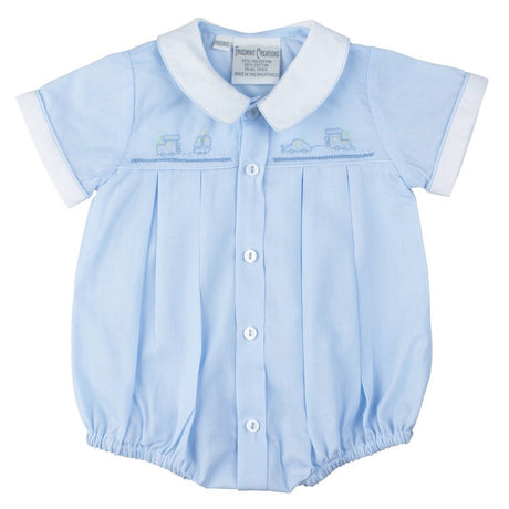 Embroidered Train Blue and White Collared Bubble