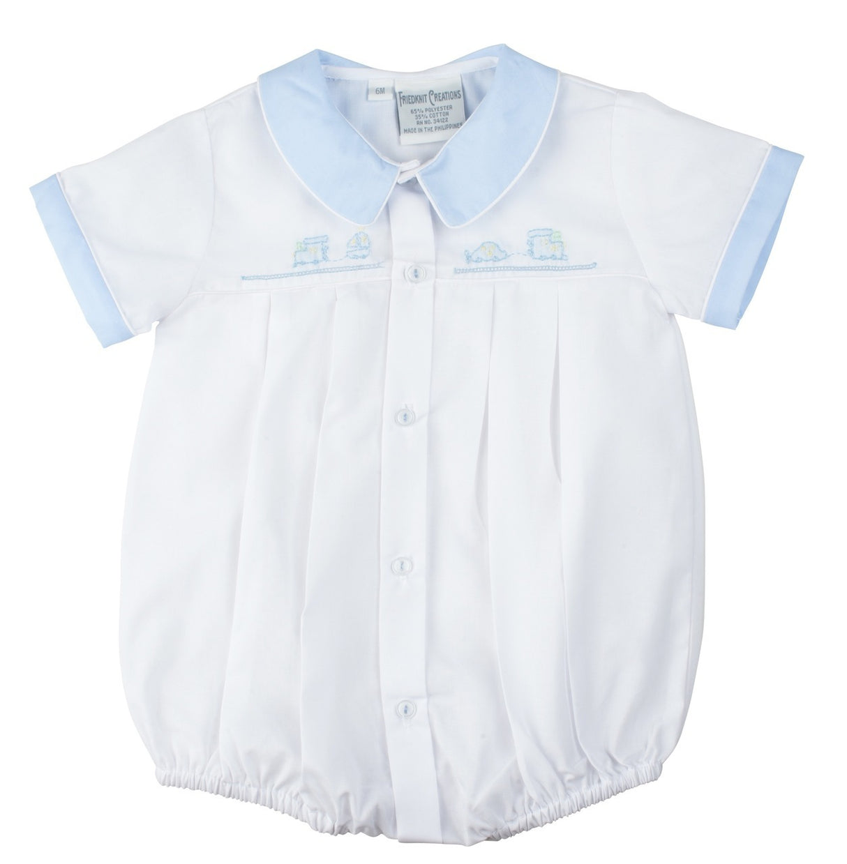 Embroidered Train Blue and White Collared Bubble