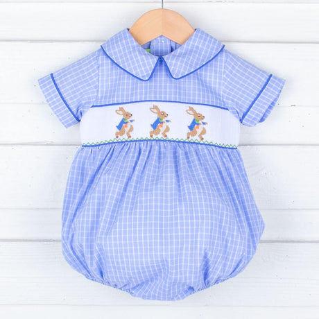 Storybook Smocked Blue Windowpane Boy Bubble