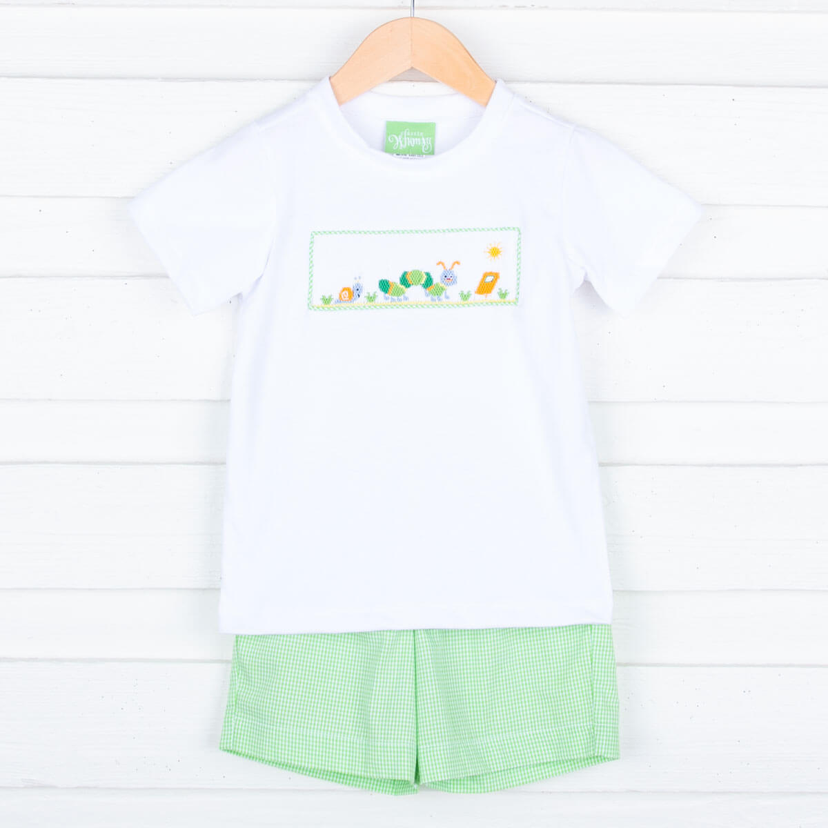 Spring Caterpillar Smocked Lime Green Short Set