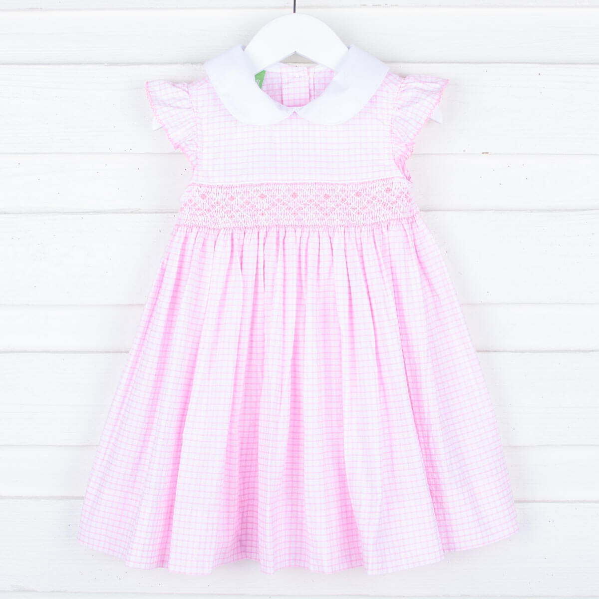 Geometric Smocked Pink Windowpane Collared Dress