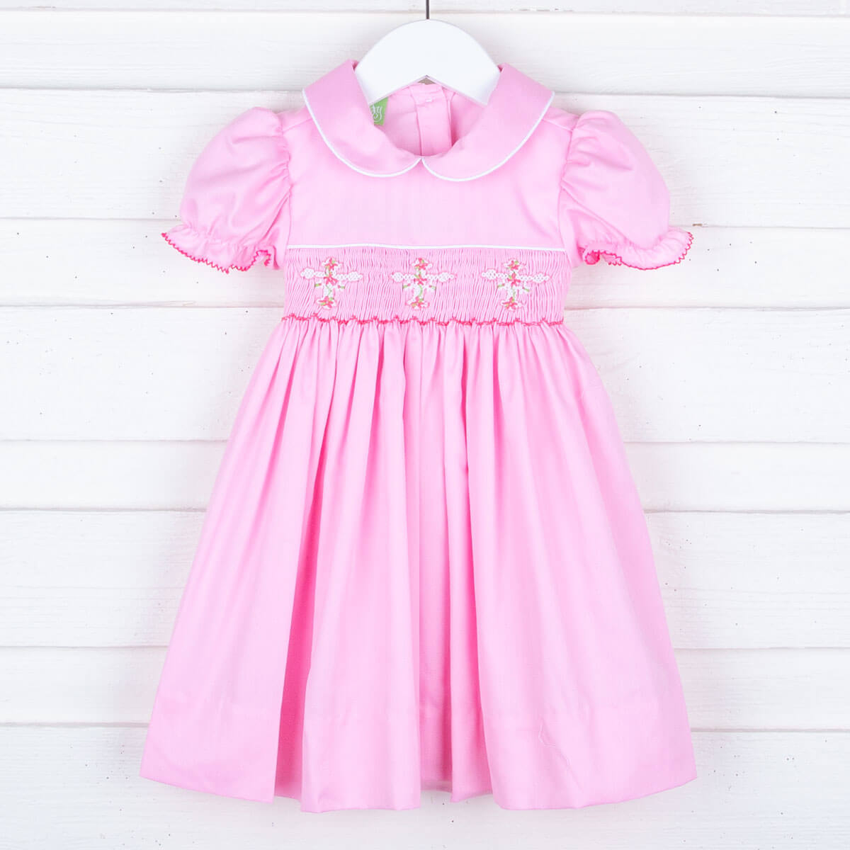 Floral Cross Smocked Pink Sash Dress