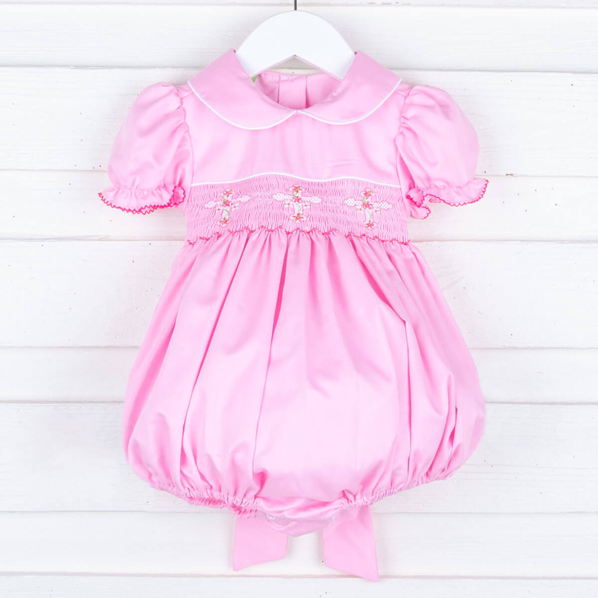 Floral Cross Smocked Pink Sash Bubble
