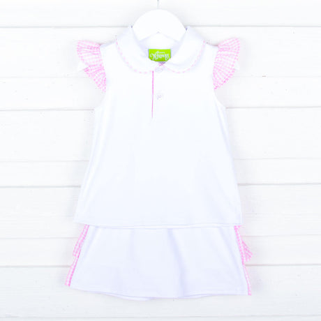 White Polo Pink Ruffle Tennis Skirt Set