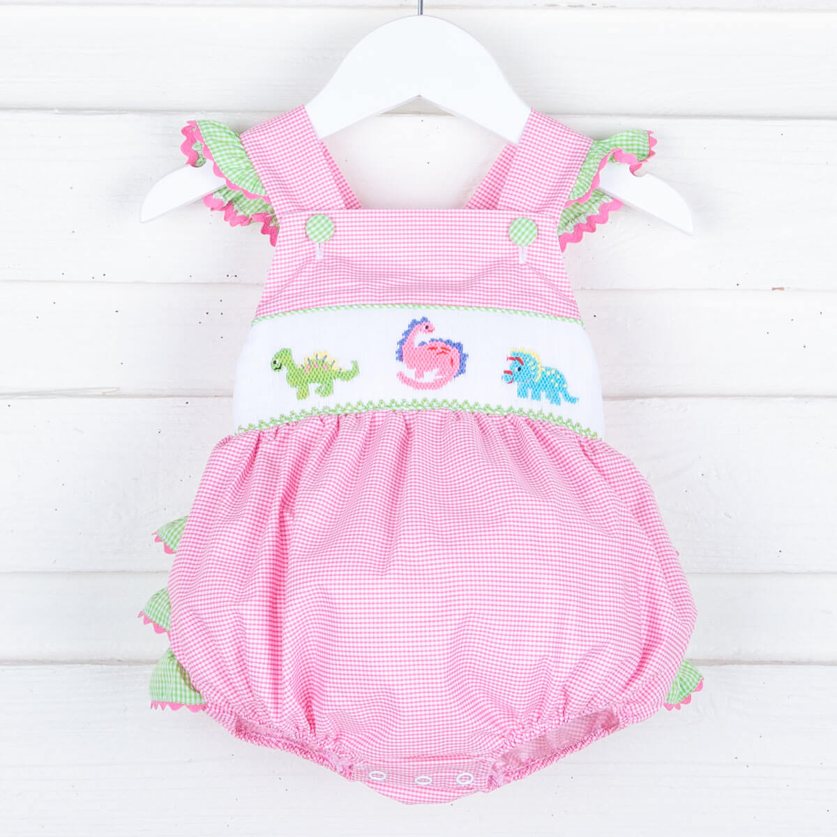 Dinosaur Smocked Pink Gingham Bubble