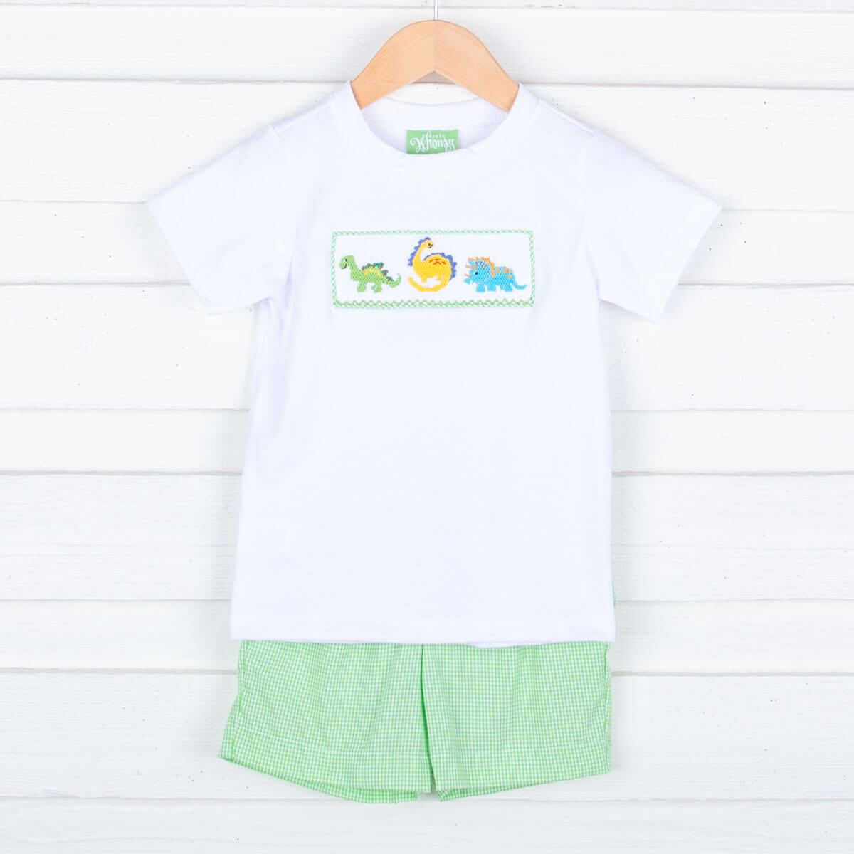 Dinosaur Smocked  Green Gingham Short Set