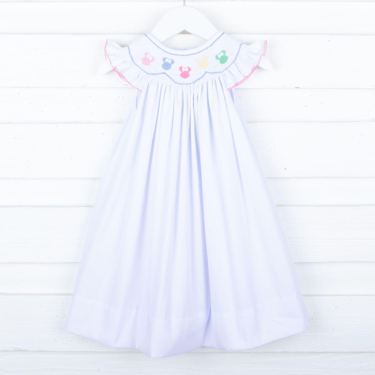 Pastel Mouse Ears Smocked White Pique Dress