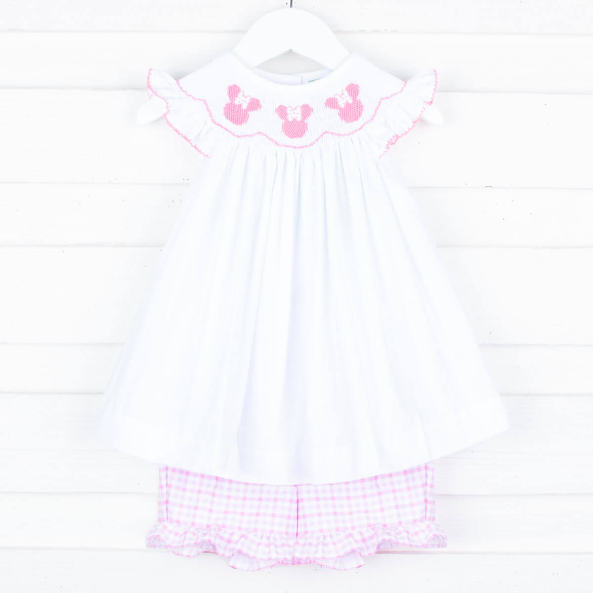 Mouse Ears Smocked Pink Plaid Short Set