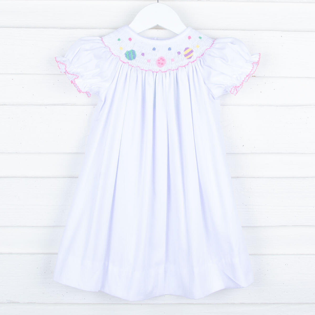 Easter Eggs Smocked White Bishop Dress