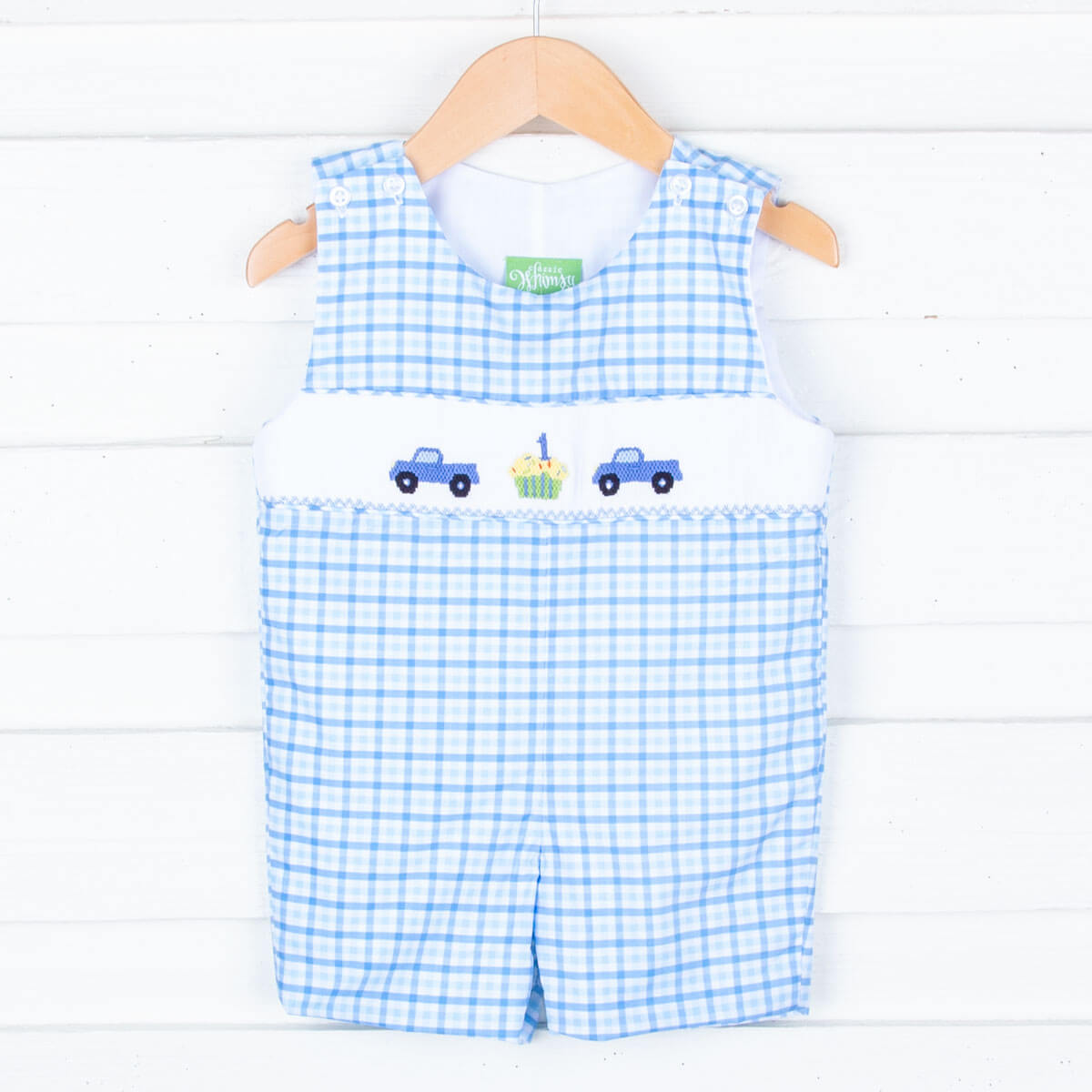 First Birthday Smocked Blue Check Jon Jon