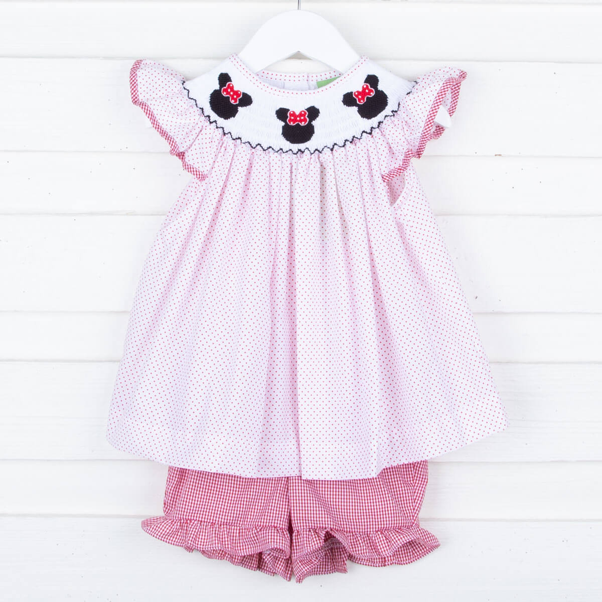 Mouse Ears Smocked Angel Sleeve Short Set Red Dot
