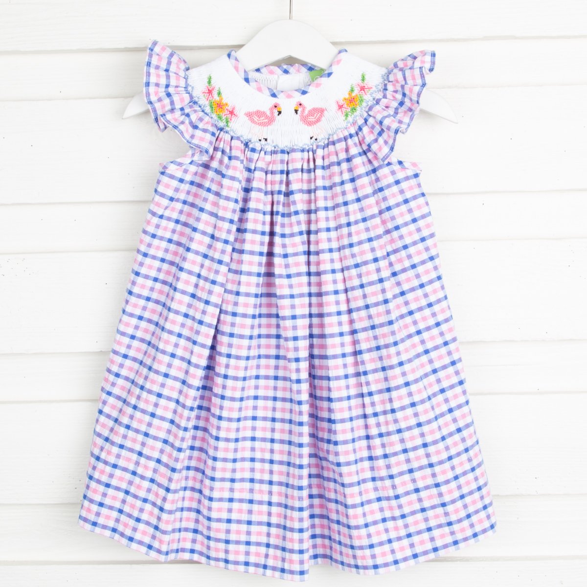 Flamingo Smocked Dress Blue and Pink Seersucker