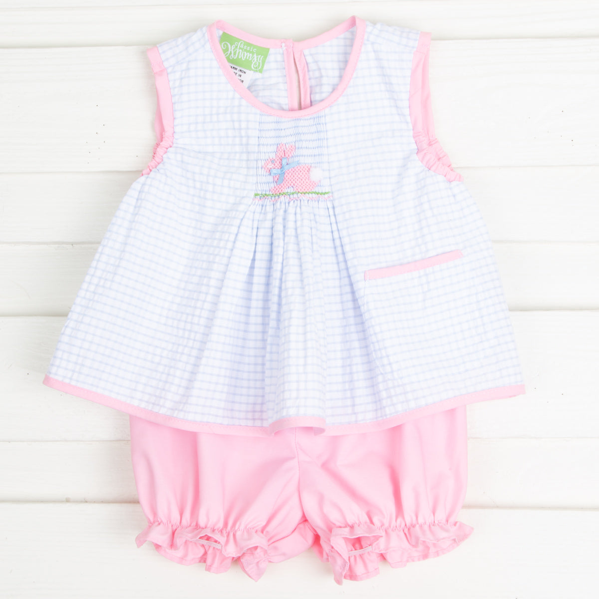 Bunny Single Smocked Bloomer Set Blue Seersucker