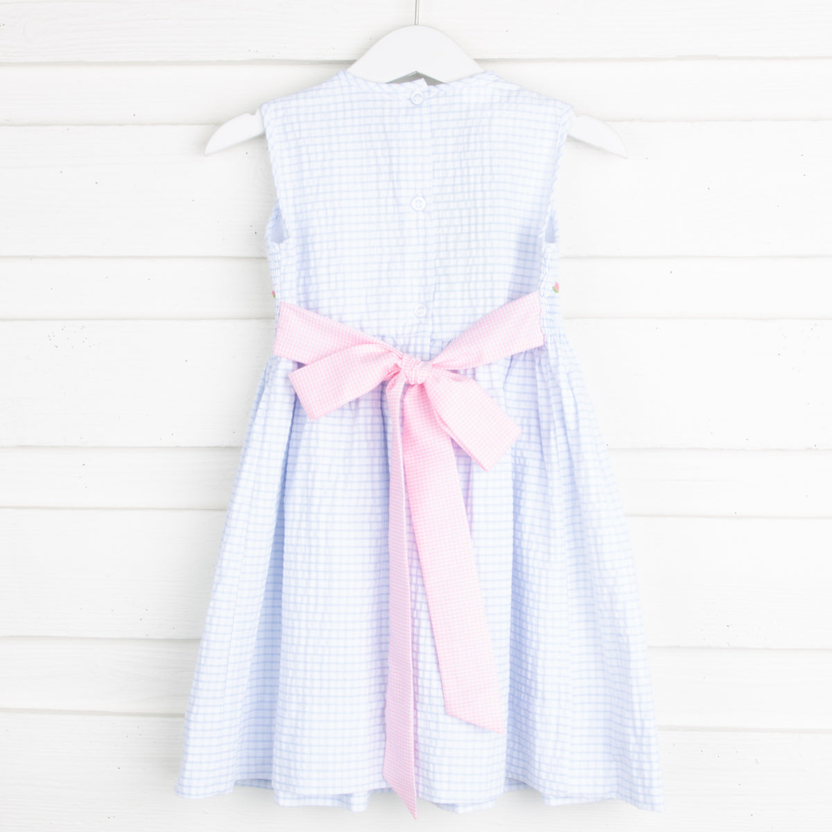 Geometric Smocked Sash Dress Blue Seersucker