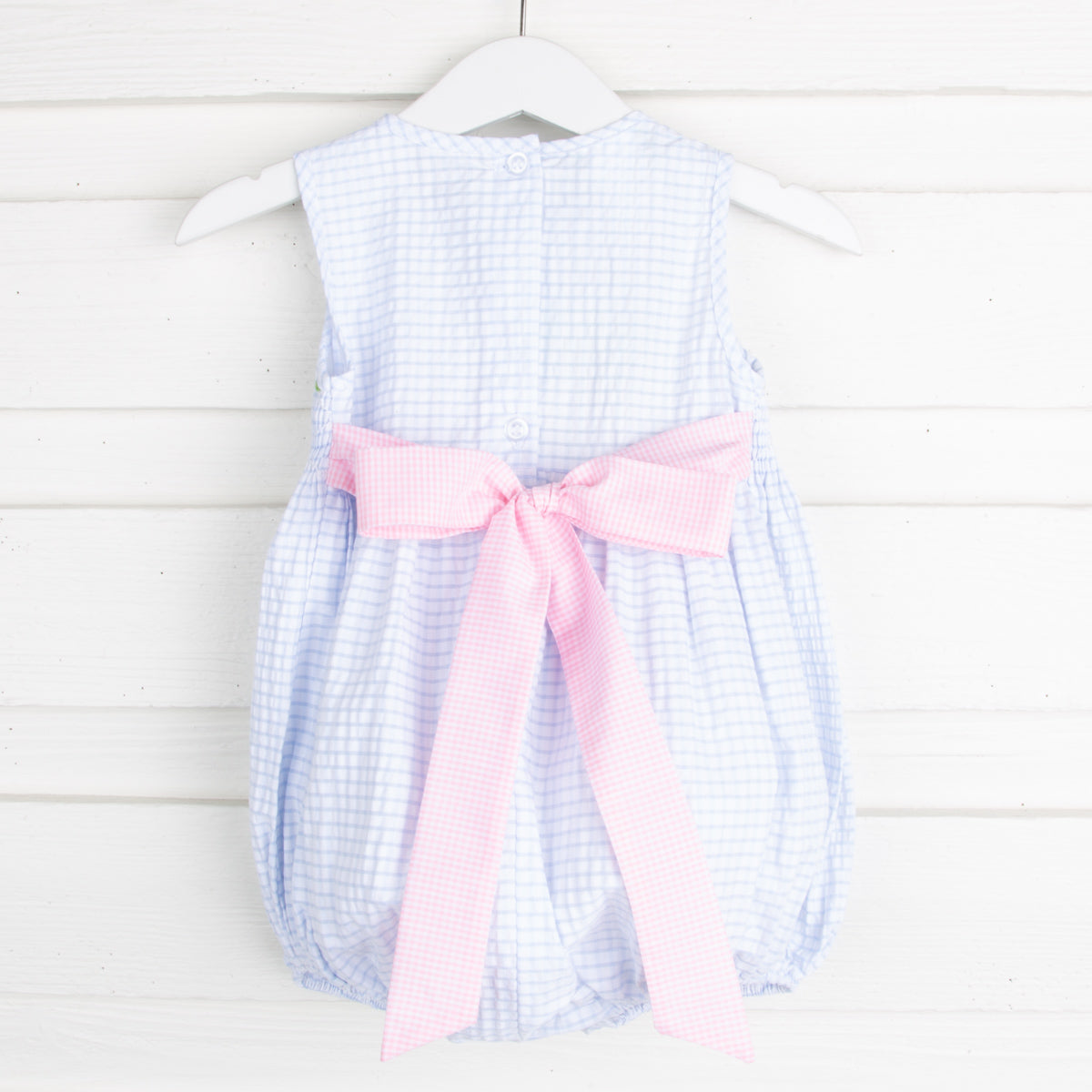 Pink Geometric Chest Smocked Bubble Blue Seersucker
