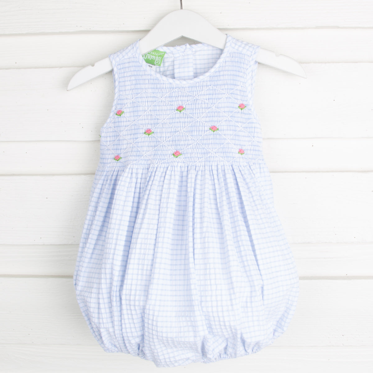 Pink Geometric Chest Smocked Bubble Blue Seersucker