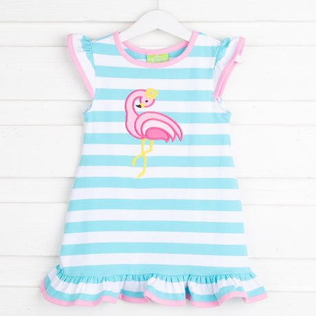 Mint Stripe Flamingo Ruffle Dress