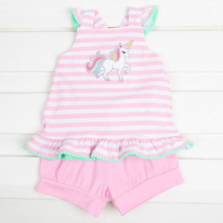 Pink Stripe Cross Back Unicorn Short Set