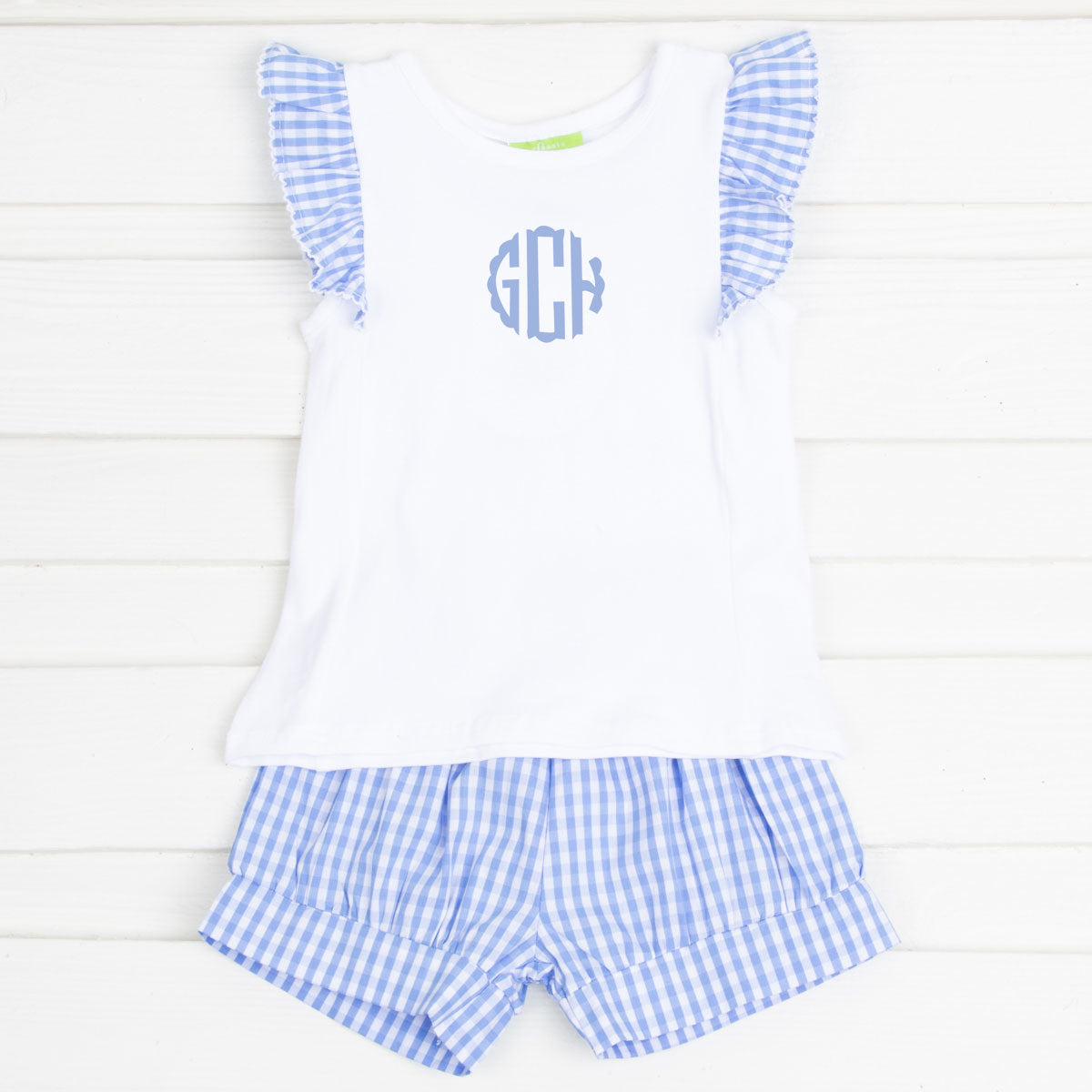 Blue Gingham Ruffle Front Short Set