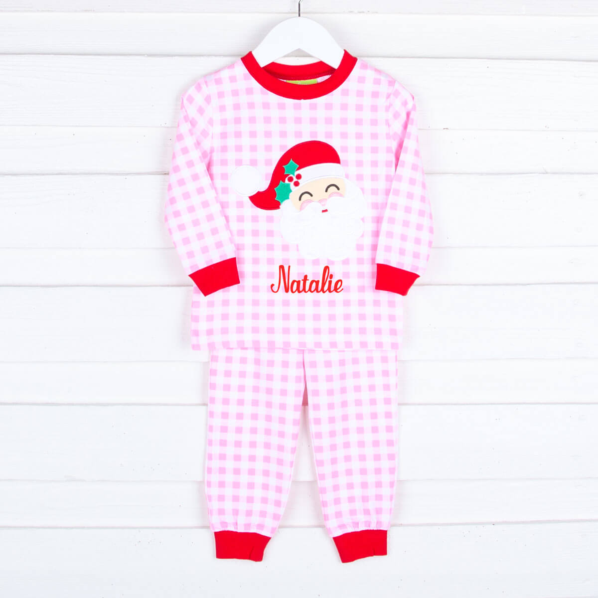 Happy Santa Pink Gingham Pajamas