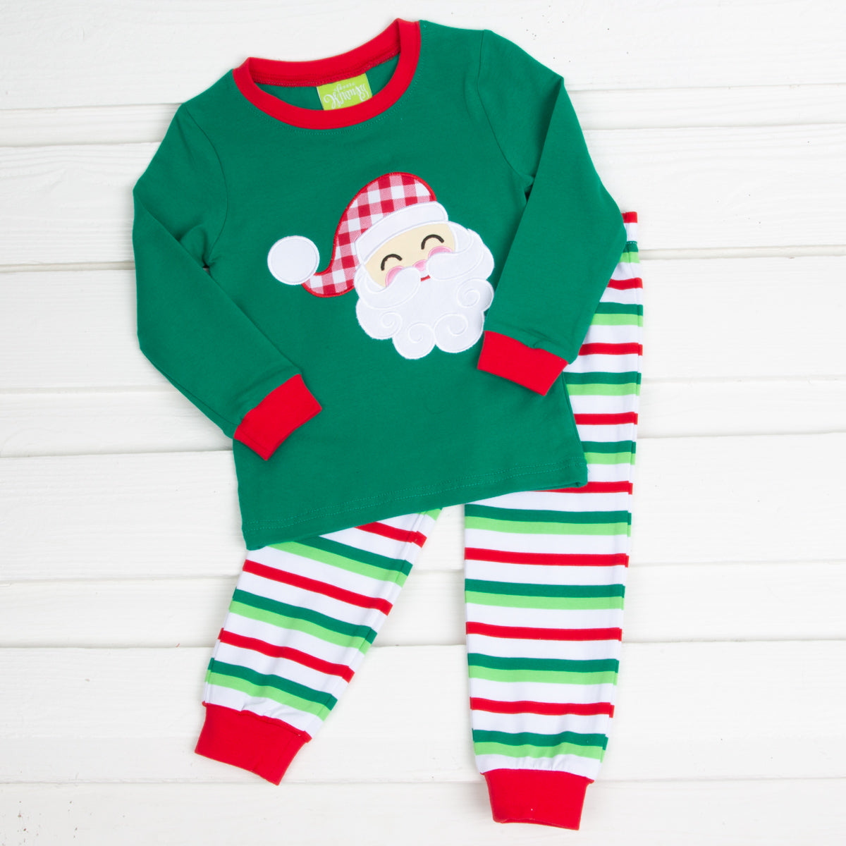 Happy Santa Green Cheerful Stripe Pajamas