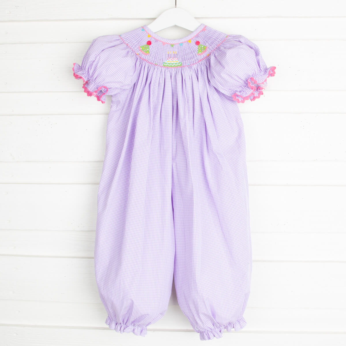 Birthday Smocked Long Bubble Lavender Gingham