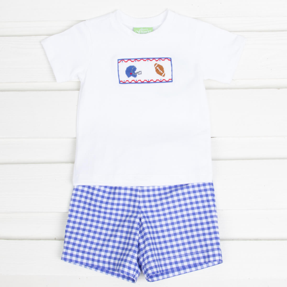 Blue Check Football Smocked Short Set