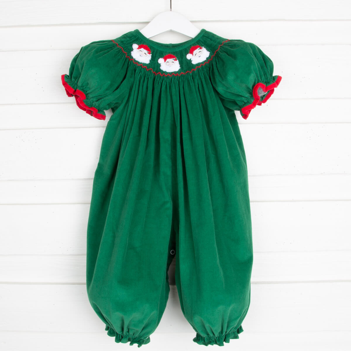 Santa Face Smocked Green Long Bubble