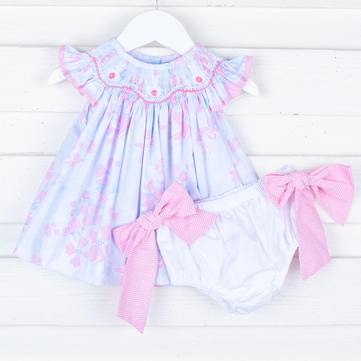 Blue Floral Bunny Smocked Bloomer Set