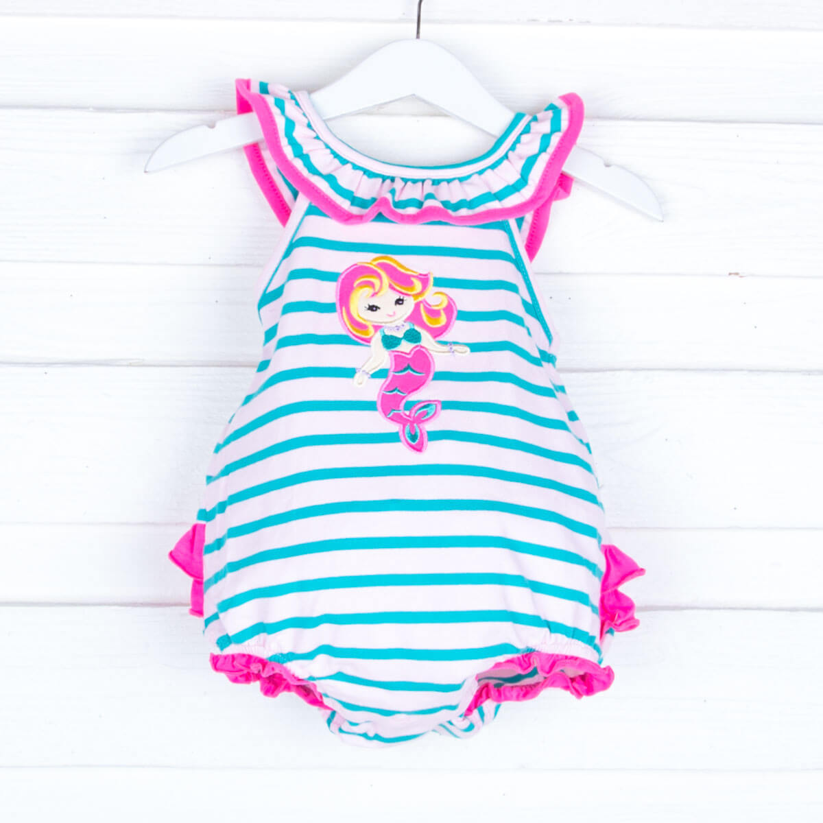 Mermaid Applique Stripe Ruffle Bubble