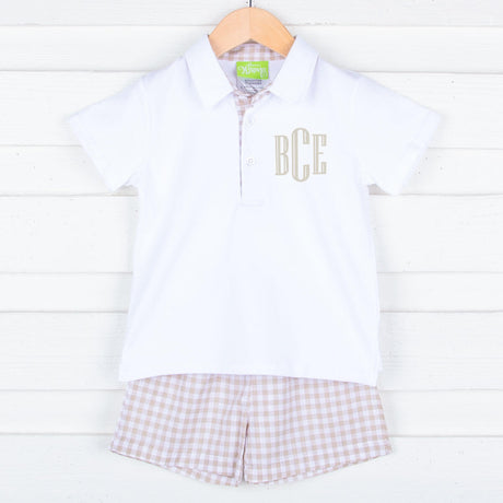 Khaki Gingham Boy Polo Short Set