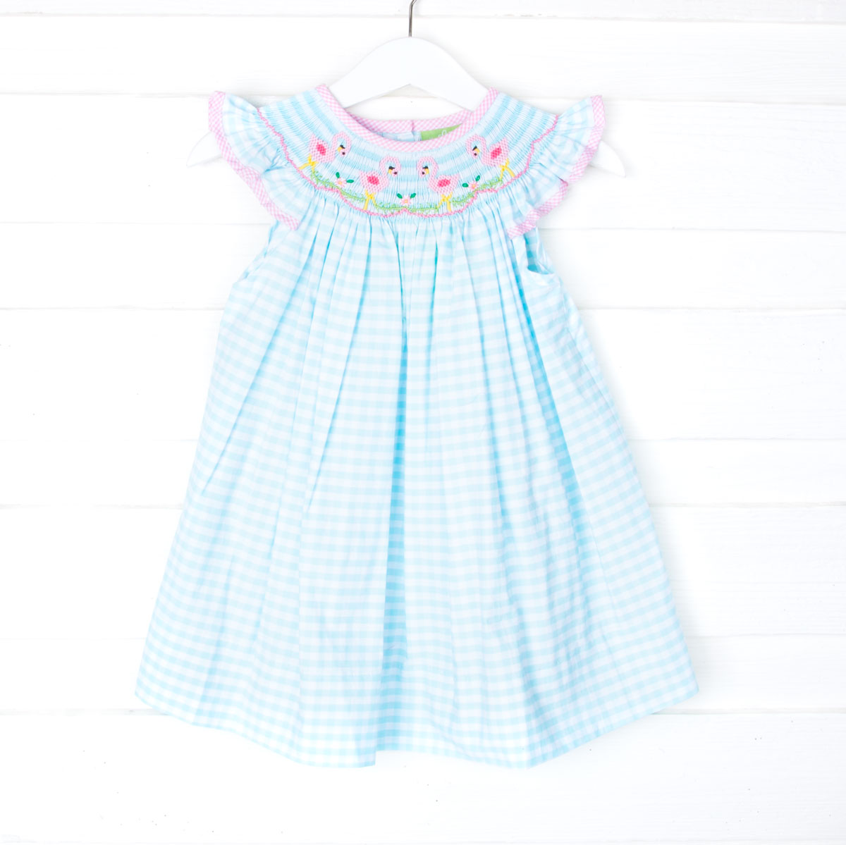 Flamingo Smocked Aqua Gingham Dress