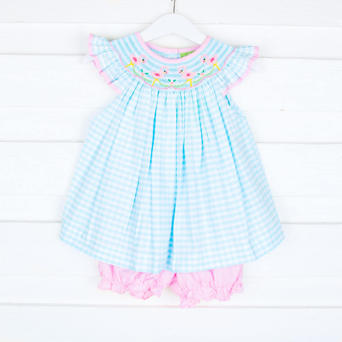 Flamingo Smocked Aqua Gingham Bloomer Set