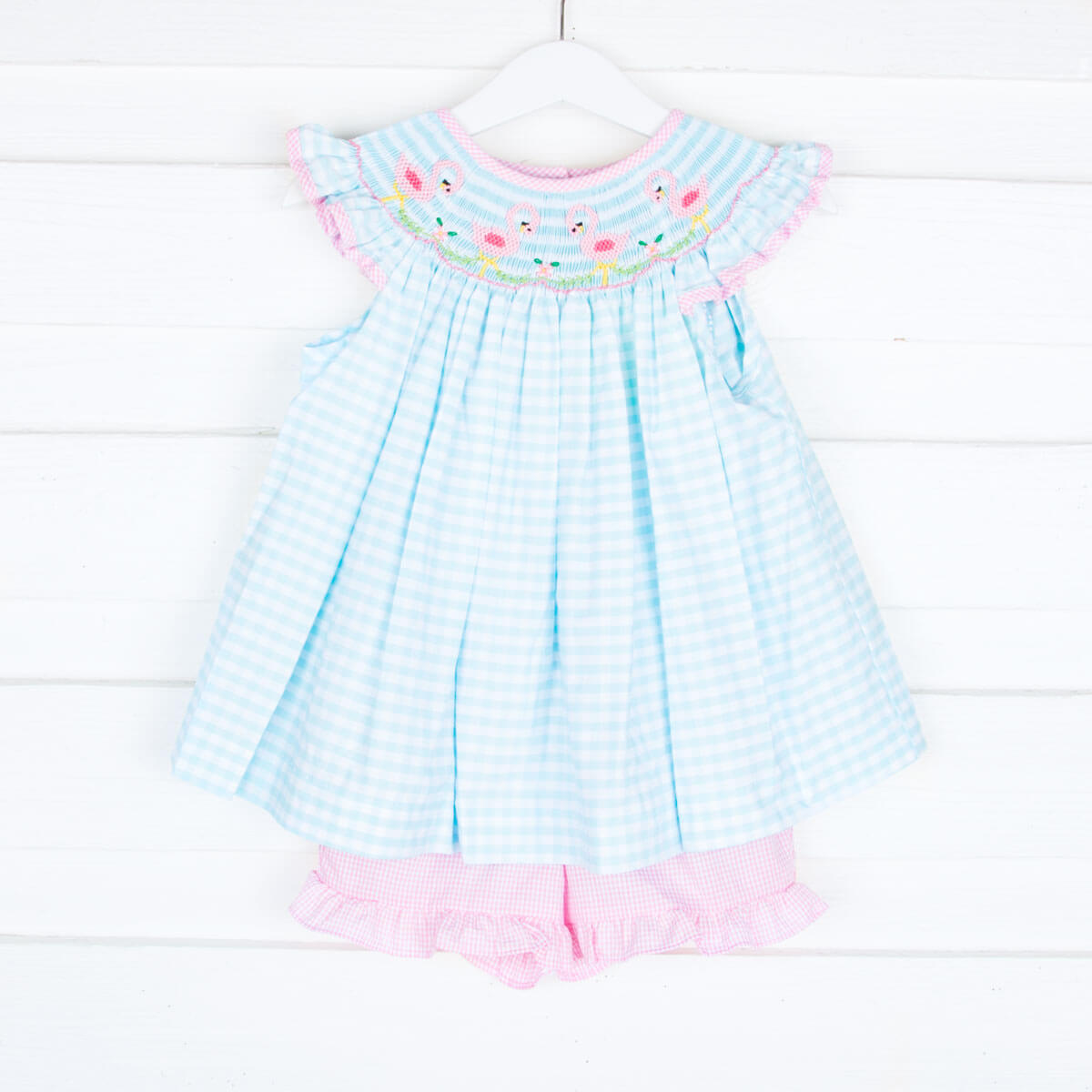 Flamingo Smocked Aqua Gingham Short Set