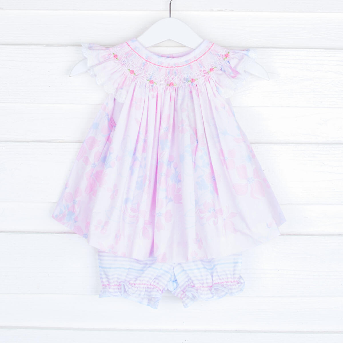 Geometric Smocked Pink Floral Bloomer Set