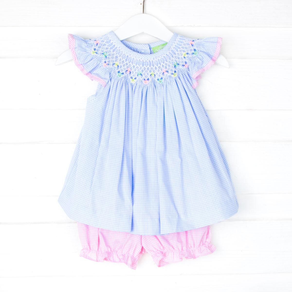 Geometric Floral Smocked Blue Bloomer Set