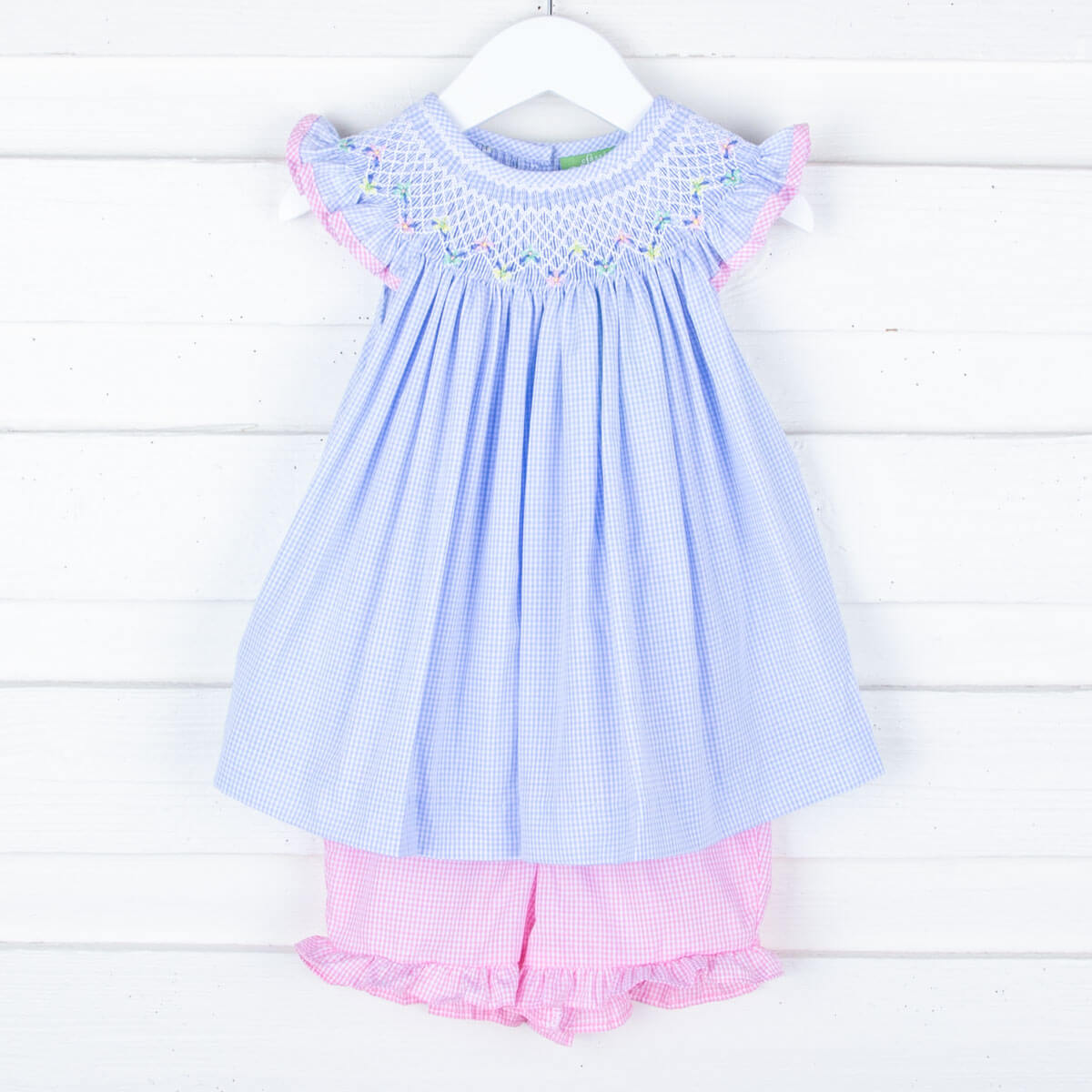 Geometric Floral Smocked Blue Short Set