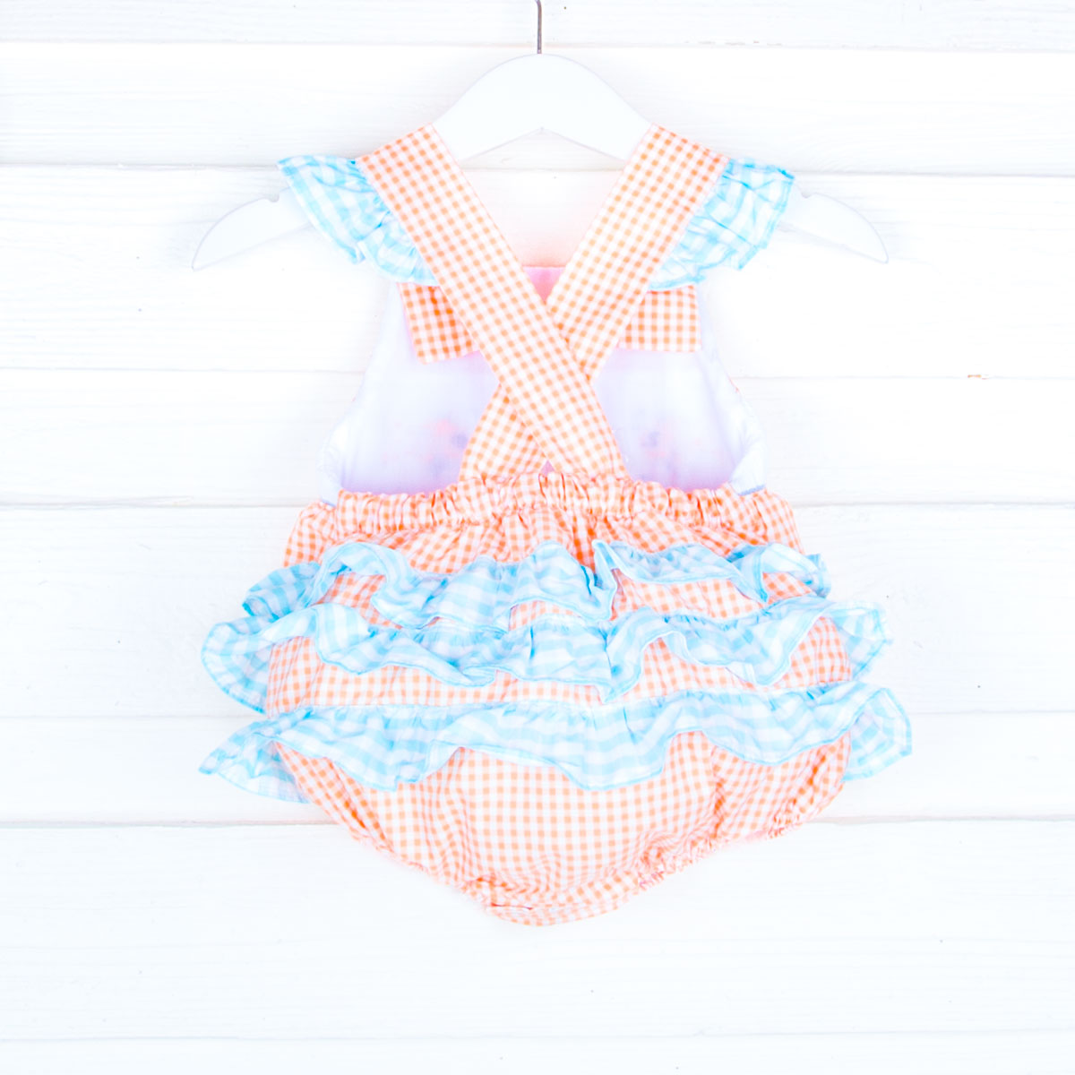 Fish Smocked Orange Gingham Leah Bubble