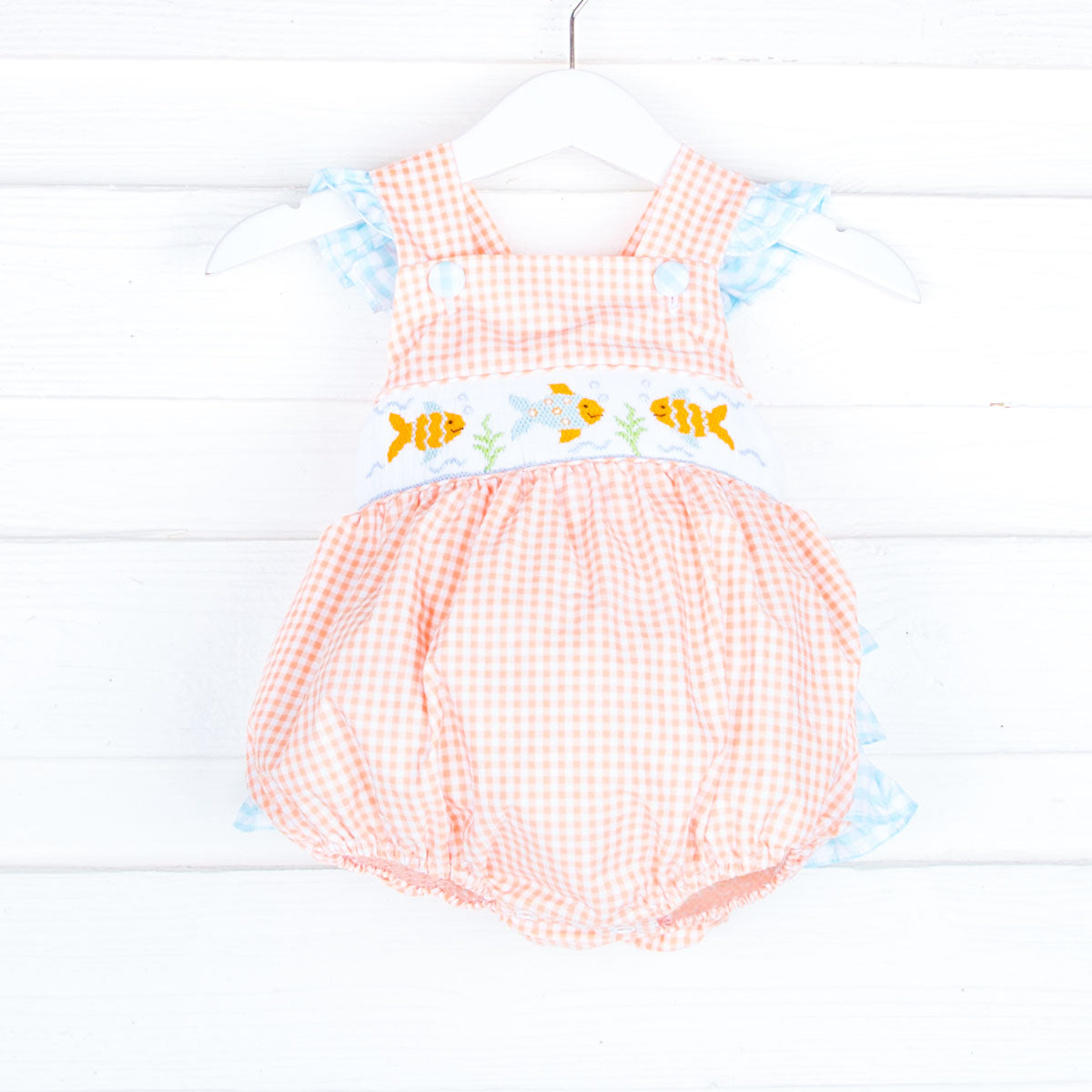 Fish Smocked Orange Gingham Leah Bubble