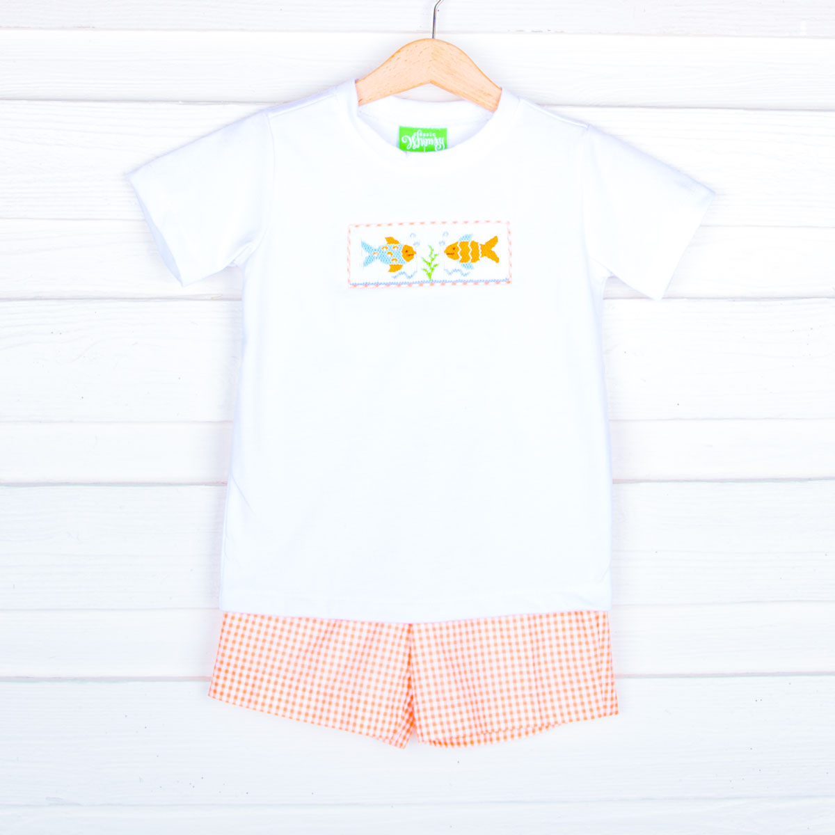 Fish Smocked Orange Gingham Short Set