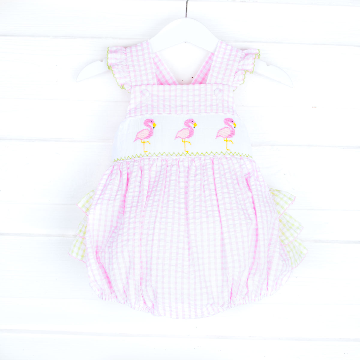 Smocked Flamingos Pink Check Bubble